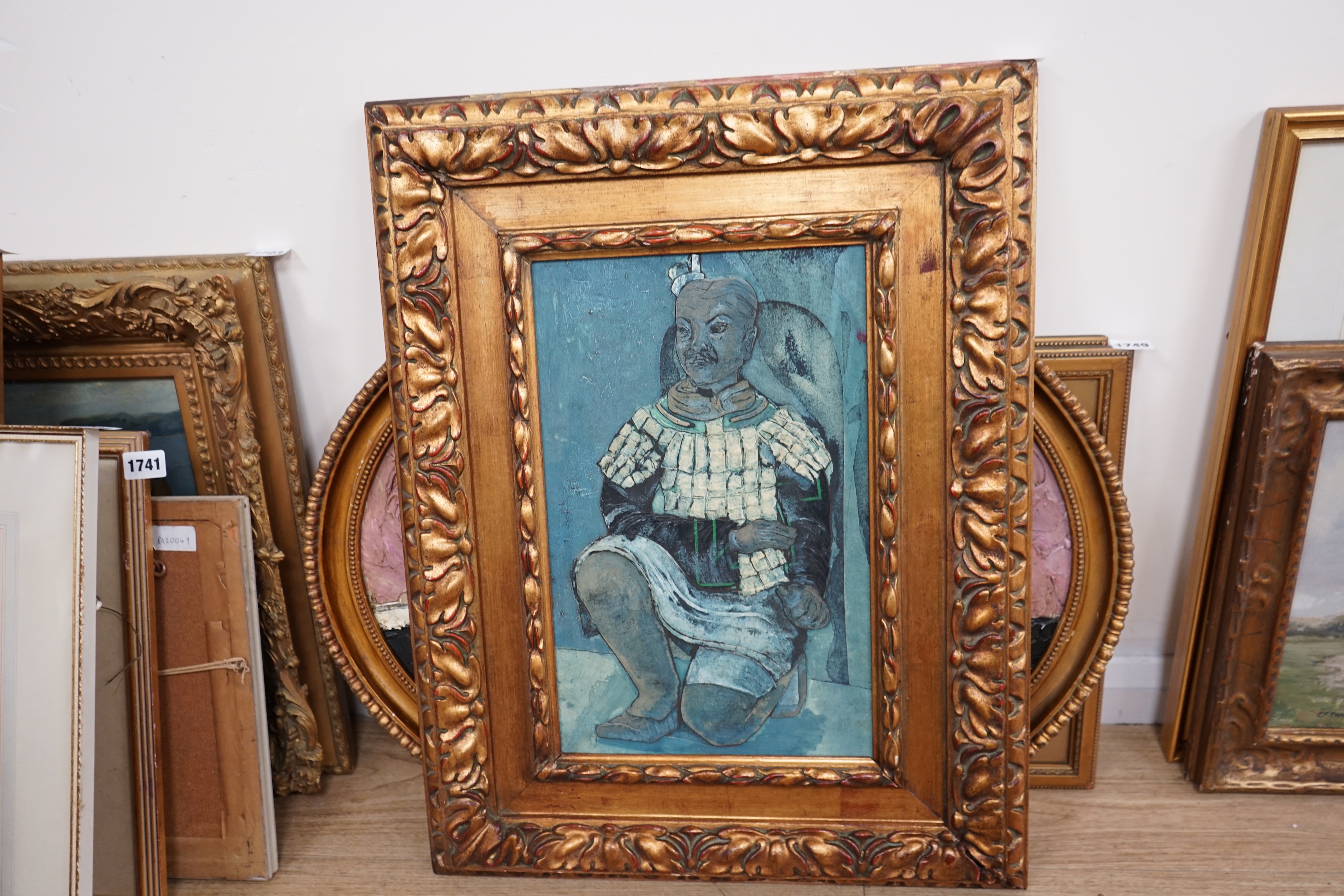 Mixed media and collage on board, Oriental figure kneeling, 40 x 25cm, ornate gilt framed